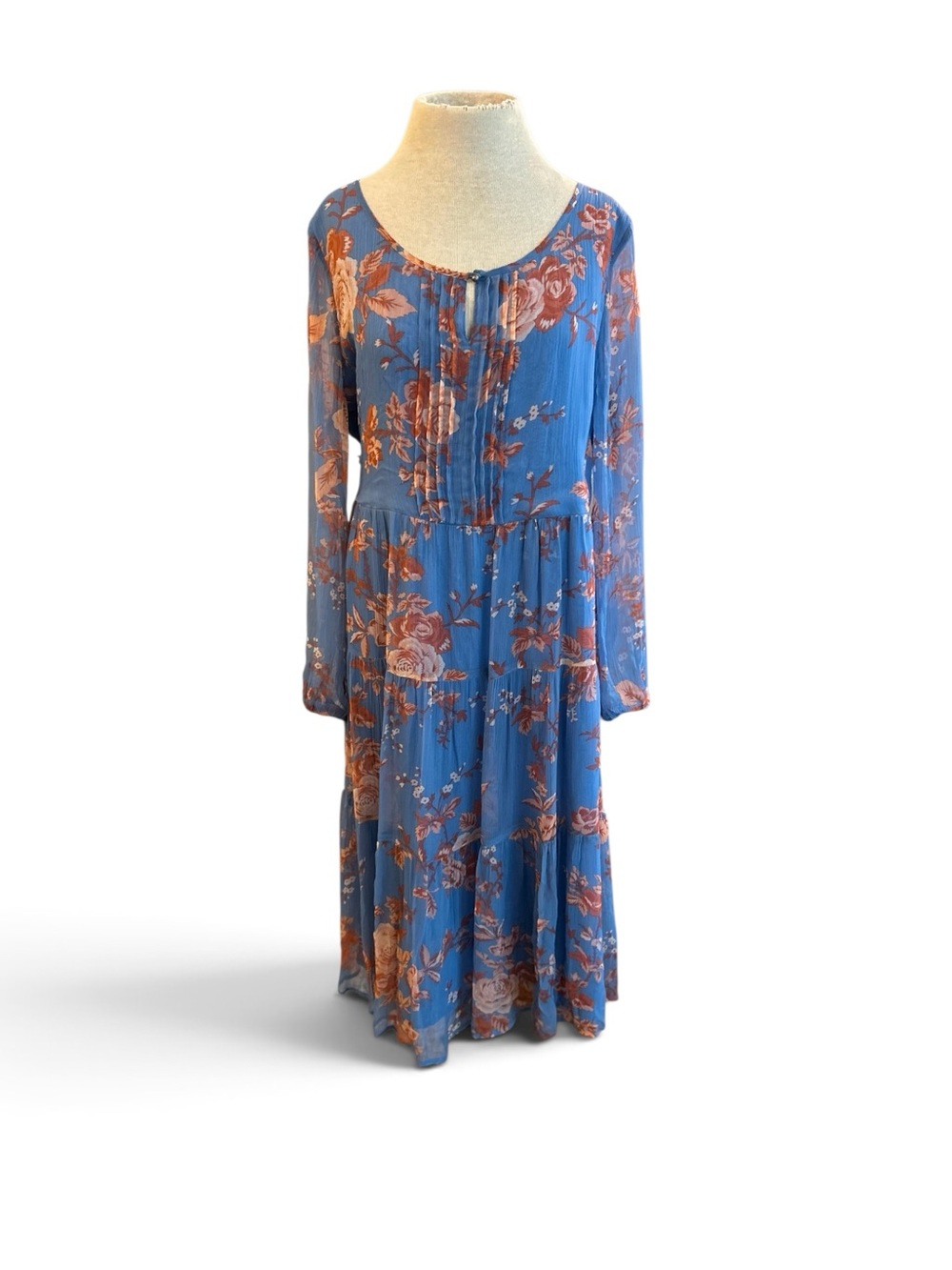 Sundance Meadows Explored MIDI Dress Blue Floral Long-Sleeves L Boho Shabby Chic